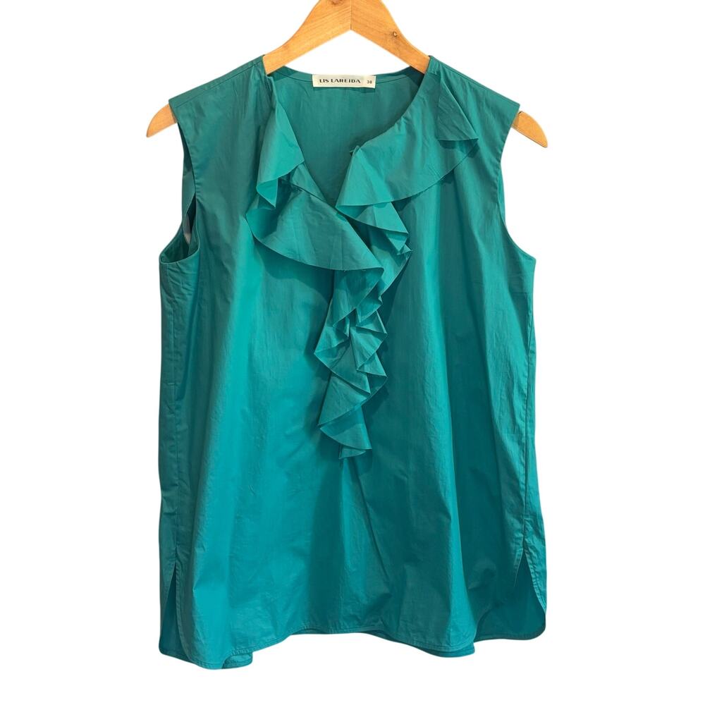 Lis Lareida Sleeveless Turquoise Ruffle Neck Blouse Top - size 38 (US Medium)